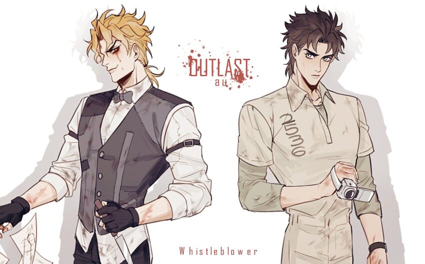 2boys, blonde_hair, blood, blue_eyes, bow, bowtie, brown_hair, camera