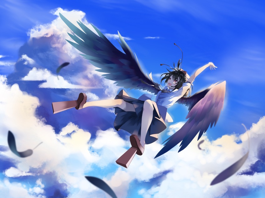 1girl, absurdres, bai_huashu, bird_wings, black_hair, black_ribbon, black_skirt, black_wings