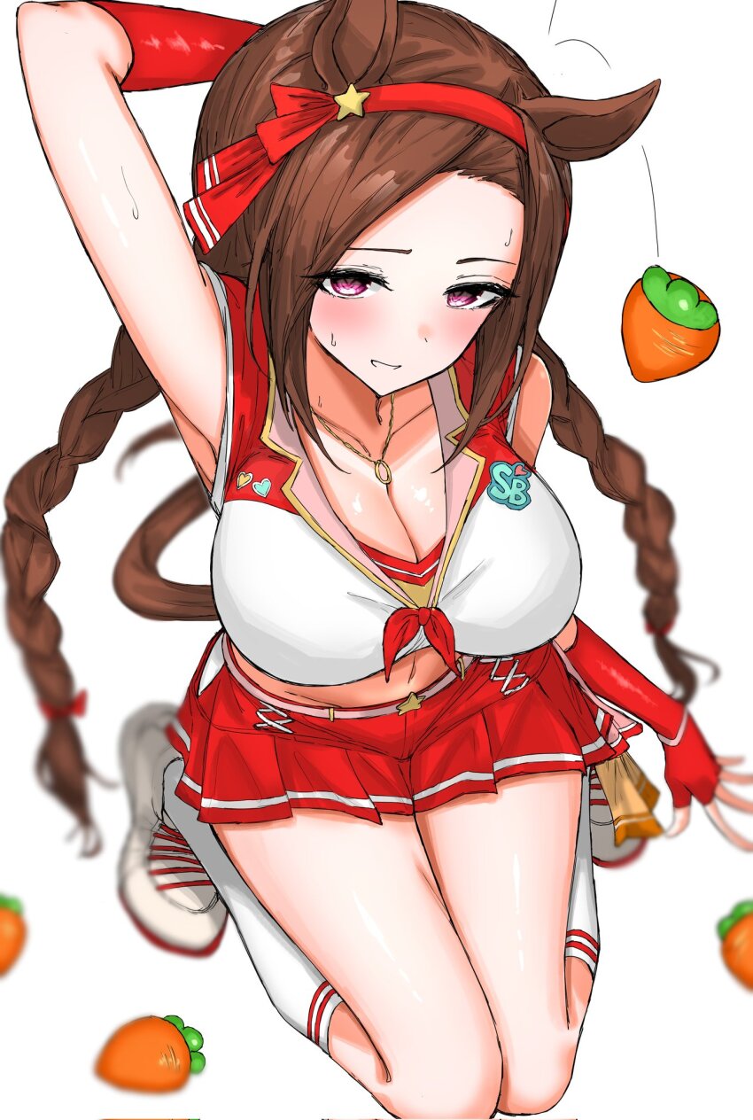 1girl, alternate_breast_size_(larger), animal_ears, arm_behind_head, braid, breasts, brown_hair, carrot, cleavage, commentary_request, corrupted_twitter_file, fingerless_gloves, gloves, headband, highres, horse_ears, horse_girl, horse_tail, jewelry, kneehighs, knees_together_feet_apart, kumiyabe, large_breasts, long_hair, miniskirt, necklace, purple_eyes, sakura_bakushin_o_(red-hot_leader)_(umamusume), sakura_bakushin_o_(umamusume), shoes, skirt, socks, solo, tail, twin_braids, umamusume, white_background