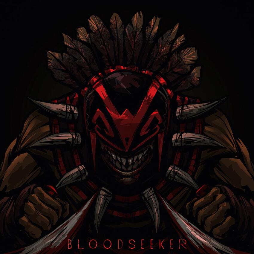 1boy, black_background, blood, bloodseeker_(dota), bloody_weapon, bone_necklace, character_name, dota_(series), dota_2, dual_wielding, facing_viewer, feathers, grin, holding, male_focus, muscular, muscular_male, scorpionork, smile, solo, teeth, upper_body, weapon