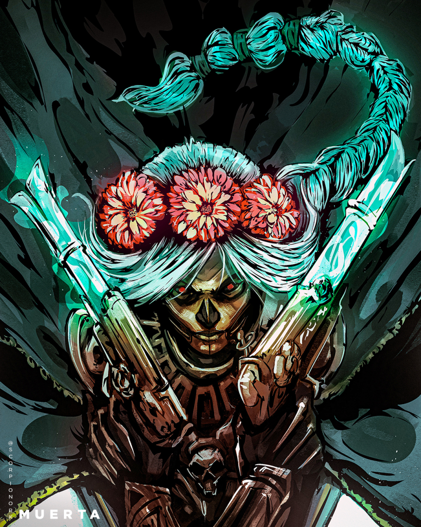 1girl, aqua_hair, artist_name, braid, cape, character_name, clip_studio_paint_(medium), dota_(series), dota_2, dual_wielding, flower, gun, hair_flower, hair_ornament, handgun, highres, holding, holding_gun, holding_weapon, looking_at_viewer, muerta_(dota_2), red_eyes, scorpionork, solo, upper_body, weapon
