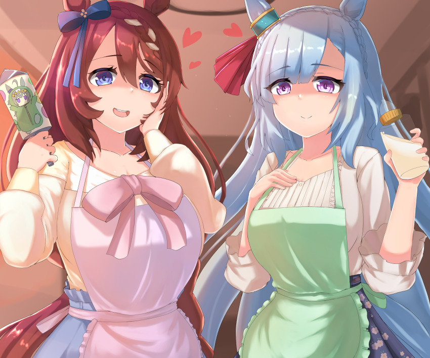 2girls, animal, apron, baby, blurry, bottle, braid, breasts, casual, cleavage, collarbone, crown, crown_braid, highres, horse, large_breasts, marimo_maru, medium_breasts, mejiro_ardan_(umamusume), multiple_girls, oguri_cap_(gray_monster)_(umamusume), oguri_cap_(umamusume), pov, rattle, stream, super_creek_(umamusume), tail