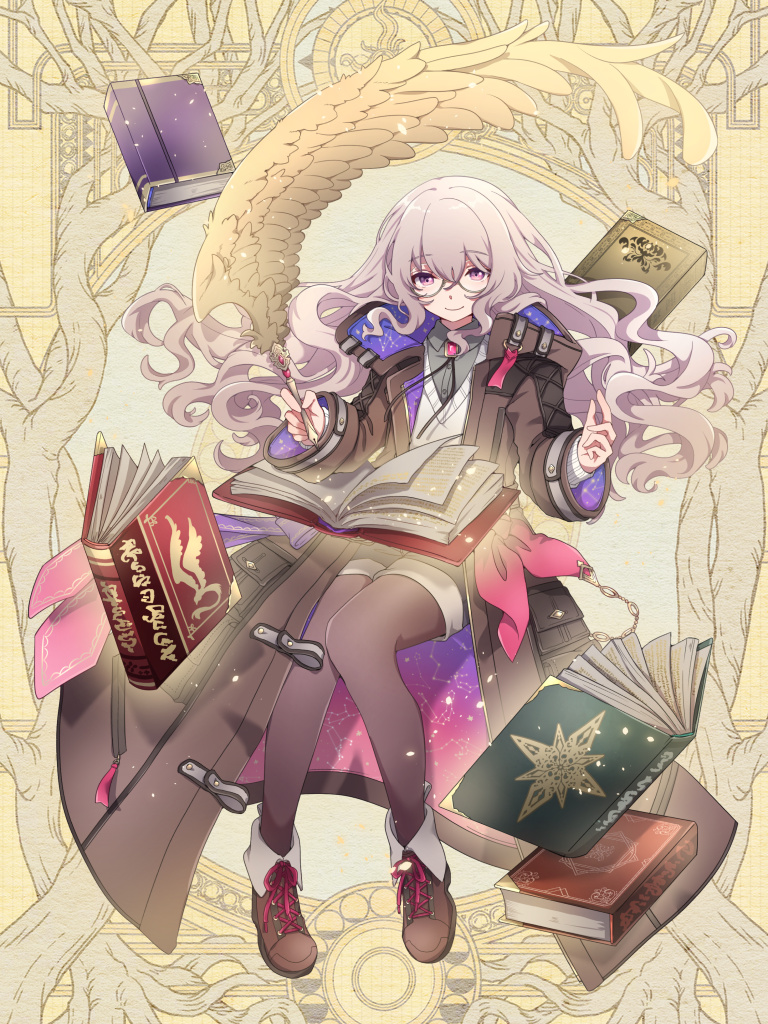 1girl, black_pantyhose, bolo_tie, book, brown_coat, brown_eyes, brown_footwear, coat