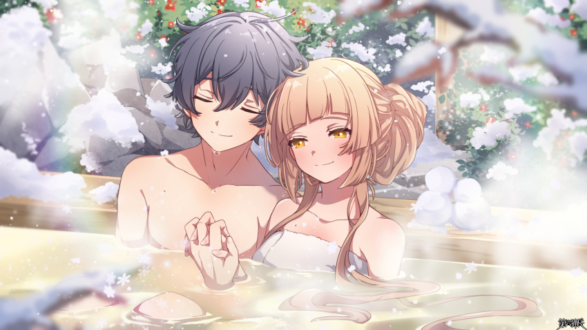 1boy, 1girl, blonde_hair, blurry, blurry_foreground, blush, closed_eyes, copyright_name