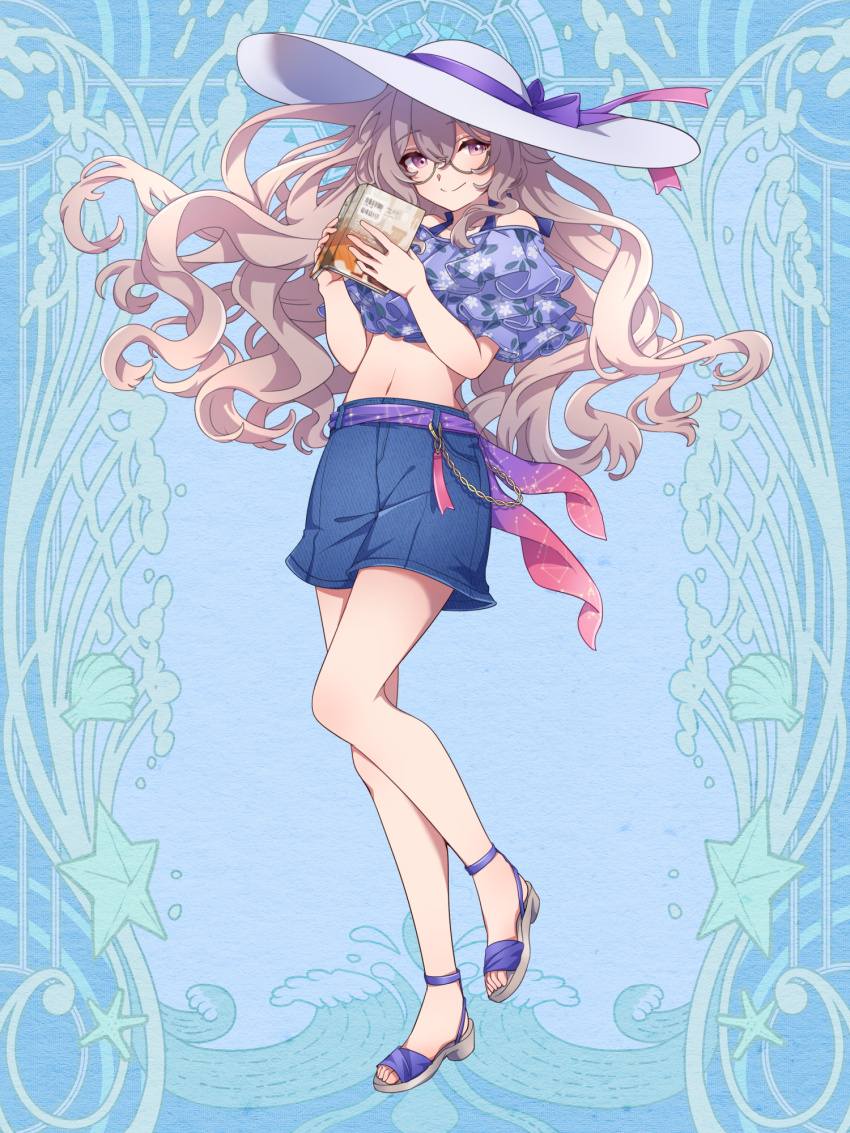 1girl, blue_background, blue_skirt, book, chain, crop_top, dairoku_ryouhei, floral_print, full_body, glasses, hashima_rimoto, hat, highres, holding, holding_book, light_brown_hair, long_hair, navel, purple_ribbon, ribbon, sandals, skirt, smile, sowa_(tw6), standing, standing_on_one_leg, sun_hat, very_long_hair, wavy_hair, white_hat