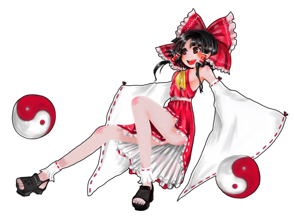 1girl, :d, alice_(afternoon_gleam), armpits, black_footwear, black_hair, breasts, hakurei_reimu