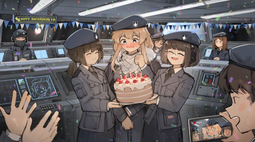 1other, 2boys, 5girls, ^_^, balaclava, beret, birthday, birthday_cake, blonde_hair, blue_eyes, blush, brown_hair, cake, cellphone, closed_eyes, closed_mouth, commission, confetti, cowboy_shot, english_text, food, fur_trim, glasses, grey_headwear, grey_jacket, grey_skirt, happy_birthday, hat, headphones, highres, holding, indie_virtual_youtuber, indoors, jacket, long_hair, long_sleeves, medium_hair, military, military_uniform, mole, mole_under_eye, monitor, multiple_boys, multiple_girls, open_mouth, phone, scarf, skirt, smile, starsector, virtual_youtuber, whiskey_project, window, xerbatt