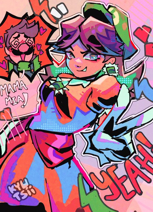 1boy, 1girl, blue_eyes, blush, breasts, brown_hair, comic, dress, earrings, facial_hair, flower_earrings, gloves, grin, hat, unworn_hat, unworn_headwear, heart, jewelry, kyutsii, looking_at_viewer, luigi, mario_(series), medium_breasts, mustache, nintendo, orange_dress, overalls, princess_daisy, puffy_short_sleeves, puffy_sleeves, short_sleeves, smile, smug, speech_bubble, spoken_heart, standing, talking, v