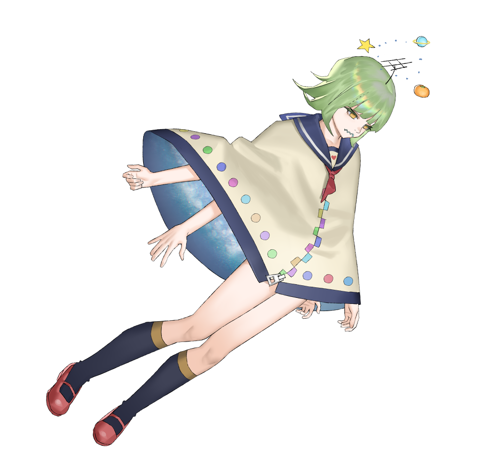 1girl, arms_at_sides, black_socks, blue_sailor_collar, blunt_bangs, closed_mouth, commentary, extra_arms, flipped_hair, floating_headgear, food, fruit, full_body, green_hair, headgear, kneehighs, mandarin_orange, mary_janes, mi8pq, neckerchief, nizimine_kakoi, no_pupils, planet, poncho, radio_antenna, red_neckerchief, red_shoes, sailor_collar, shoes, short_hair, simple_background, socks, solo, star_(symbol), utau, white_background, yellow_eyes, zipper, zipper_pull_tab