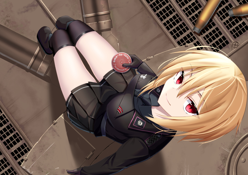 1girl, belt, black_gloves, blonde_hair, boots, can, commentary, epaulettes