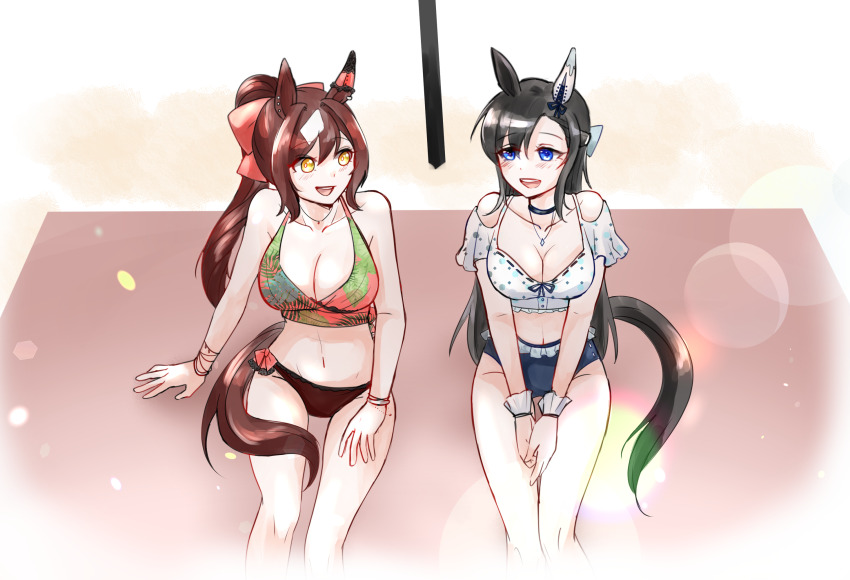 2girls, :d, animal_ears, aruchi000, bare_shoulders, bikini, black_choker, black_hair, blue_eyes, bow, breasts, brown_hair, choker, cleavage, collarbone, ear_covers, genderswap, genderswap_(mtf), hair_bow, highres, horse_ears, horse_girl, horse_tail, jewelry, just_a_way_(racehorse), large_breasts, long_hair, medium_breasts, midriff, multicolored_hair, multiple_girls, navel, necklace, open_mouth, original, personification, ponytail, red_bow, single_ear_cover, sitting, smile, streaked_hair, swimsuit, tail, umamusume, verxina_(racehorse), white_bikini, white_hair, yellow_eyes