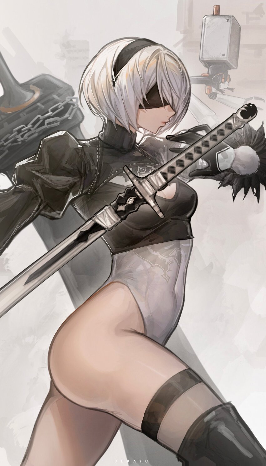 1girl, 2b_(nier:automata), absurdres, artist_name, ass, black_gloves, black_hairband, black_shirt