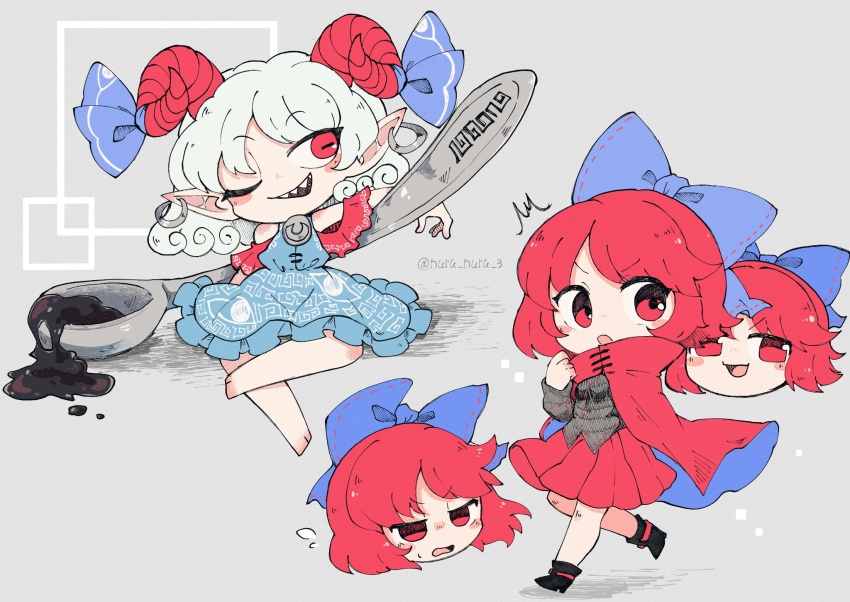 2girls, ;d, barefoot, black_footwear, black_shirt, blue_bow, blue_dress, blue_ribbon, bow, cloak, commentary, curly_hair, disembodied_head, dress, ear_piercing, full_body, goat_horns, grey_background, hair_bow, hair_ribbon, highres, horns, looking_at_viewer, meandros, medium_hair, multiple_girls, multiple_heads, nuru_nuru_3, one_eye_closed, open_mouth, oversized_clothes, piercing, pointy_ears, red_eyes, red_hair, red_horns, red_skirt, ribbon, sekibanki, sharp_teeth, shirt, short_hair, skirt, smile, spoon, teeth, touhou, toutetsu_yuuma, twitter_username, v-shaped_eyebrows, white_hair, yukkuri_shiteitte_ne