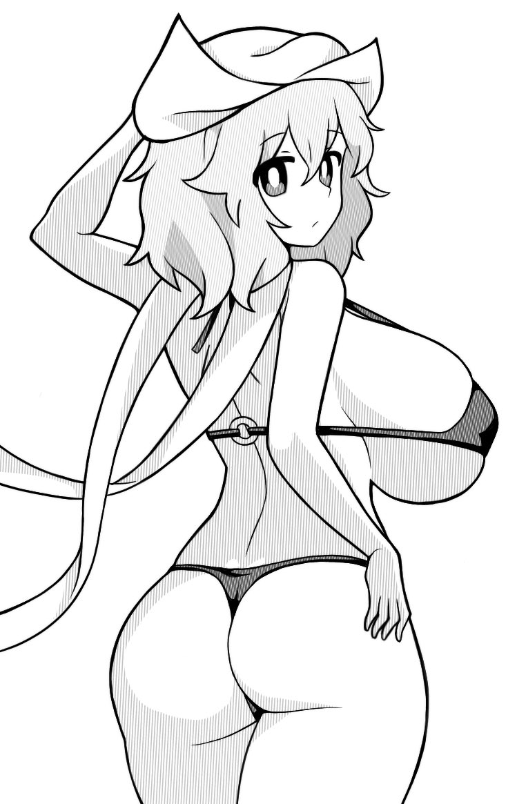 1girl, ass, bad_id, bad_twitter_id, bikini, breasts, bright_pupils, closed_mouth, from_behind, greyscale, hat, huge_breasts, ketsumaimo, letty_whiterock, looking_at_viewer, micro_bikini, monochrome, o-ring, o-ring_top, scarf, short_hair, simple_background, solo, swimsuit, touhou