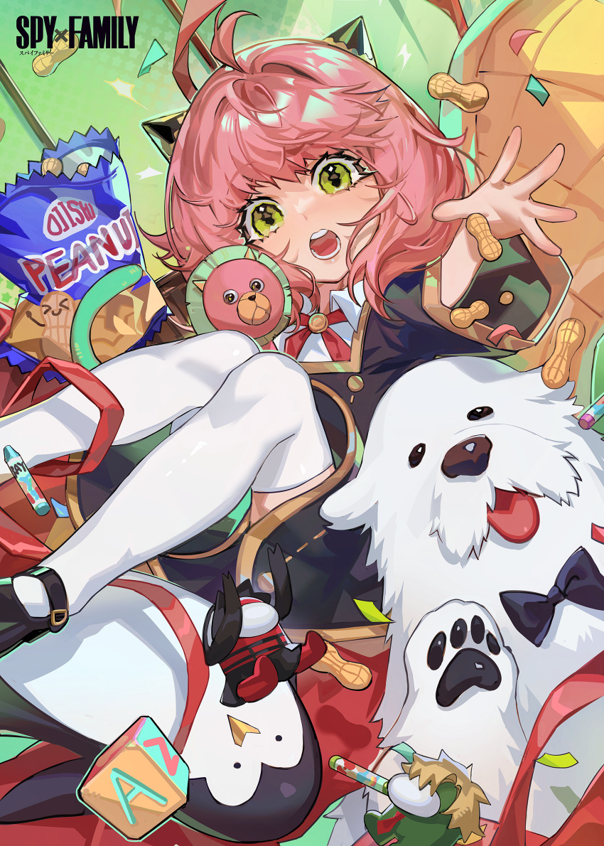 1girl, absurdres, ahoge, alphabet_blocks, among_us, animal_hands, anya_(spy_x_family), bag