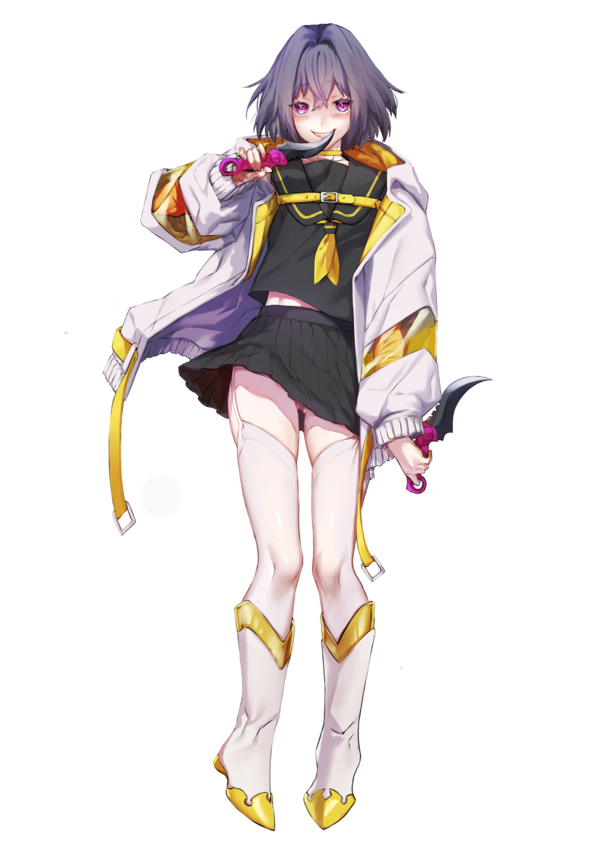 1girl, asano_semi, black_serafuku, black_skirt, choker, coat, dual_wielding, flat_chest