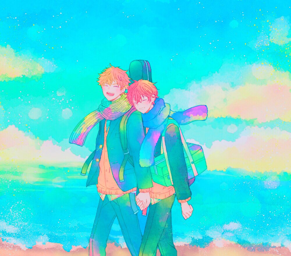 2boys, beach, bibibimix39, black_pants, blonde_hair, cardigan, closed_eyes, cloud