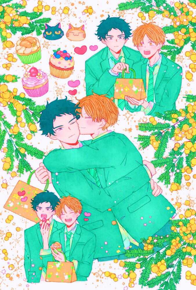 2boys, animal_print, bag, bibibimix39, bishounen, black_hair, blonde_hair, blush