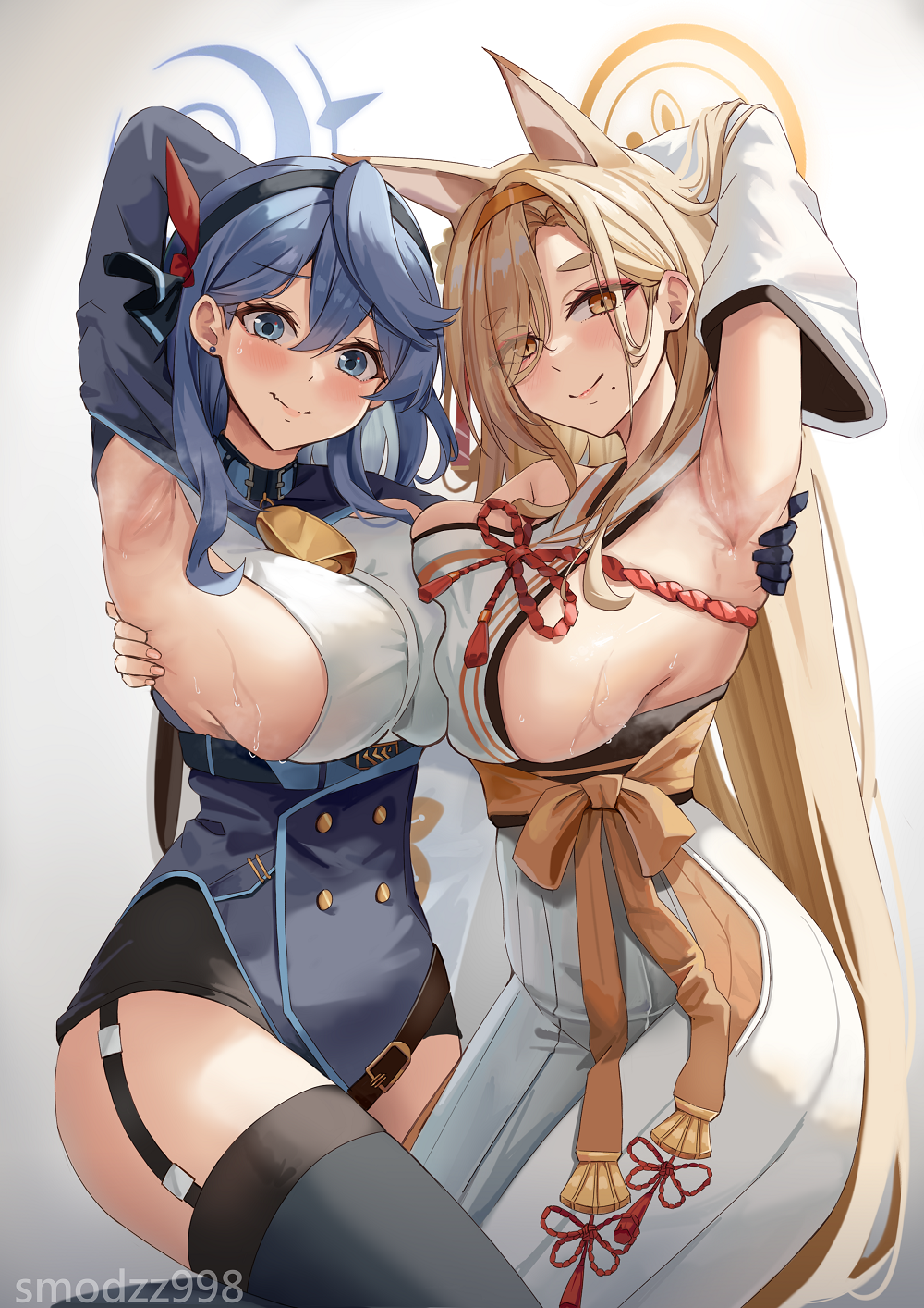 2girls, ako_(blue_archive), animal_ears, armpits, bell, black_thighhighs, blonde_hair, blue_archive