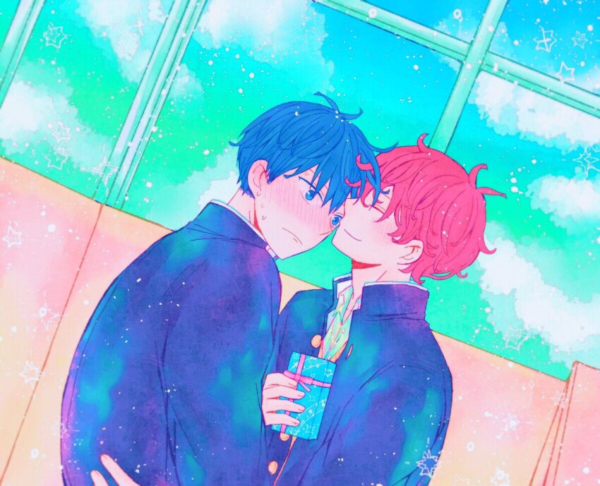 2boys, bibibimix39, black_hair, black_jacket, blush, box, closed_eyes, closed_mouth, cloud, gift, gift_box, given, holding, holding_gift, indoors, jacket, male_focus, multiple_boys, red_hair, satou_mafuyu, school_uniform, sky, smile, star_(symbol), star_print, uenoyama_ritsuka, window, yaoi