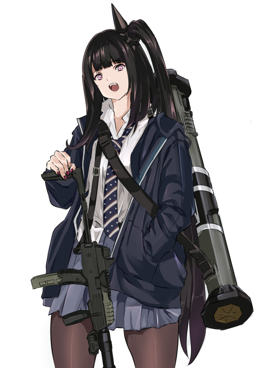 1girl, architect_(girls'_frontline), b&amp;t_mp9, black_hair, black_jacket, black_pantyhose, blunt_bangs, collared_shirt