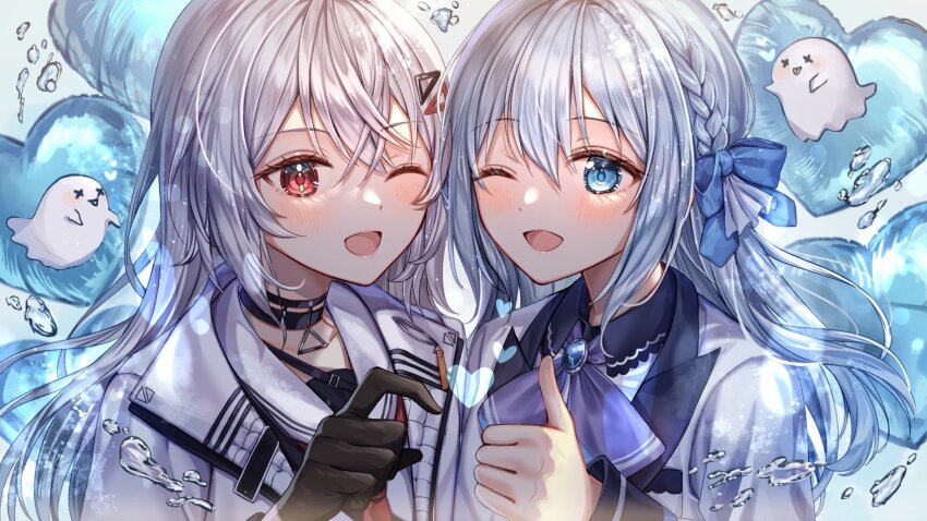 2girls, ;d, ascot, black_choker, black_gloves, blue_bow, blue_eyes, blue_hair