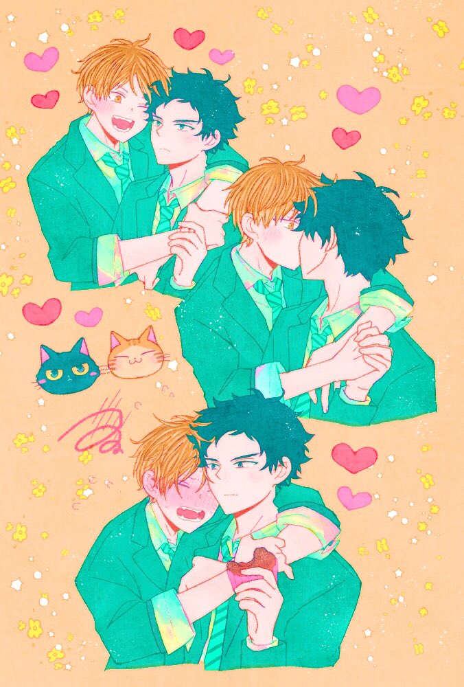 2boys, bibibimix39, black_cat, black_hair, blonde_hair, blush, cat, closed_eyes