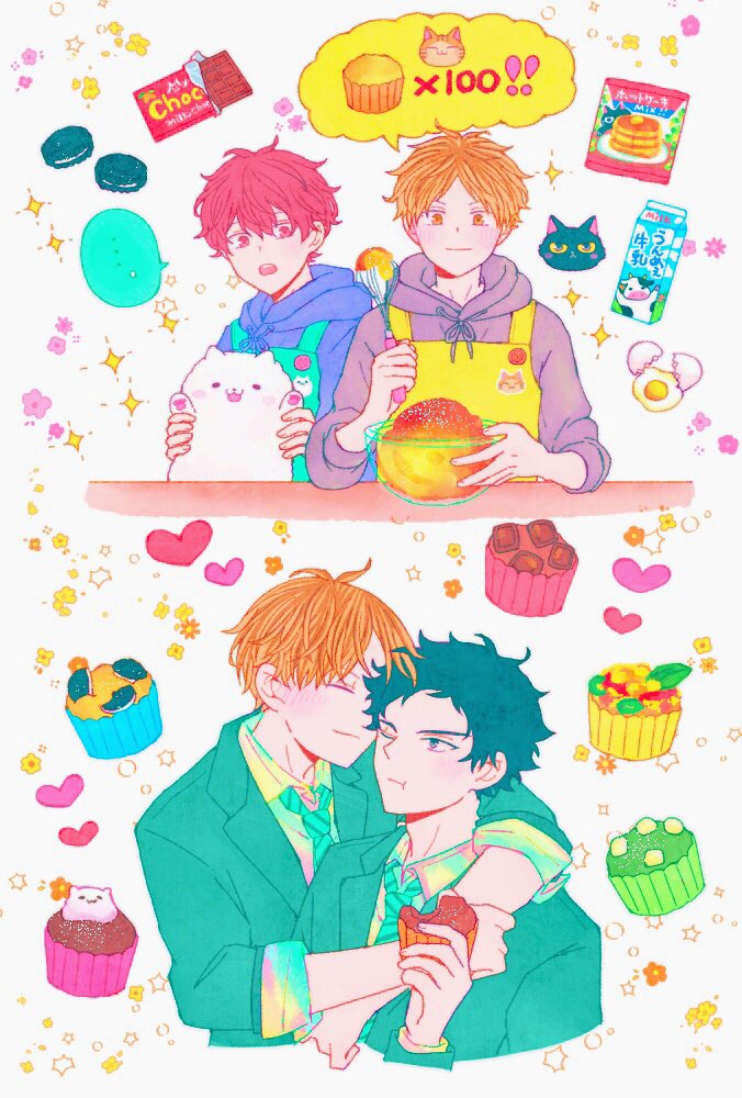 apron, baking, bibibimix39, black_cat, black_hair, blonde_hair, candy, cat