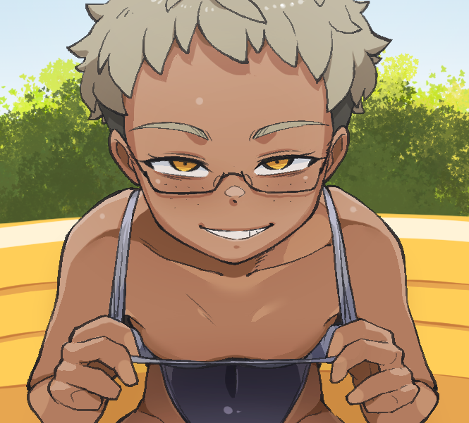 1girl, blue_one-piece_swimsuit, breasts, bush, clothes_pull, collarbone, dark-skinned_female, dark_skin, day, female_focus, flashing, freckles, glasses, grey_hair, grin, highleg, highleg_one-piece_swimsuit, leaning_forward, looking_at_viewer, naughty_face, one-piece_swimsuit, one-piece_swimsuit_pull, orange_eyes, original, outdoors, pulling_own_clothes, salsiccia_makino, semi-rimless_eyewear, small_breasts, smile, solo, swimsuit, tomboy, undercut, wading_pool