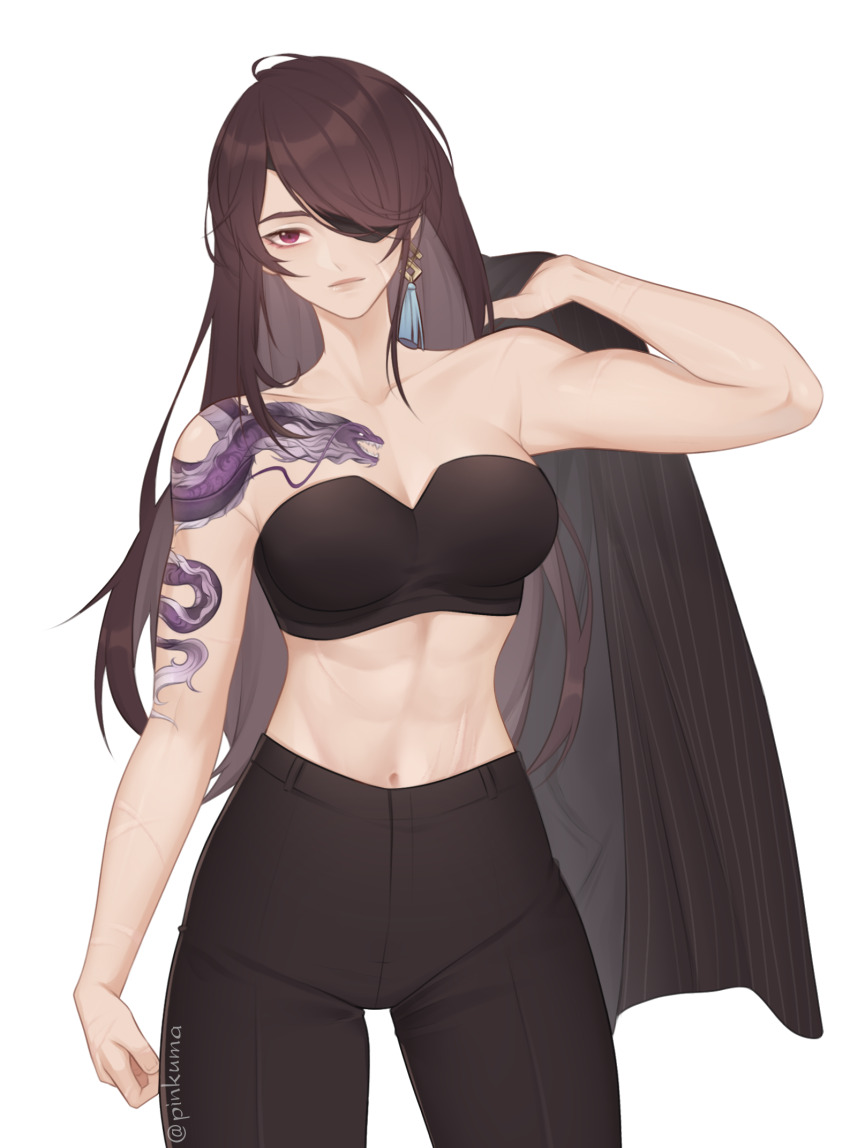 1girl, abs, arm_tattoo, artist_name, beidou_(genshin_impact), black_bra, black_jacket, black_pants