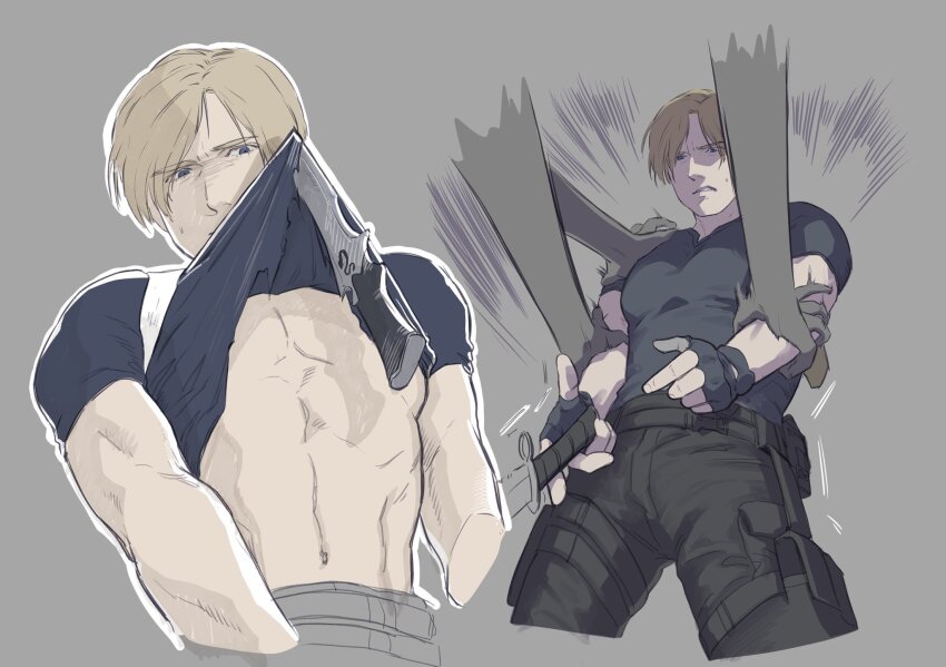 1boy, abs, black_pants, blonde_hair, blue_eyes, blue_shirt, collage, gloves