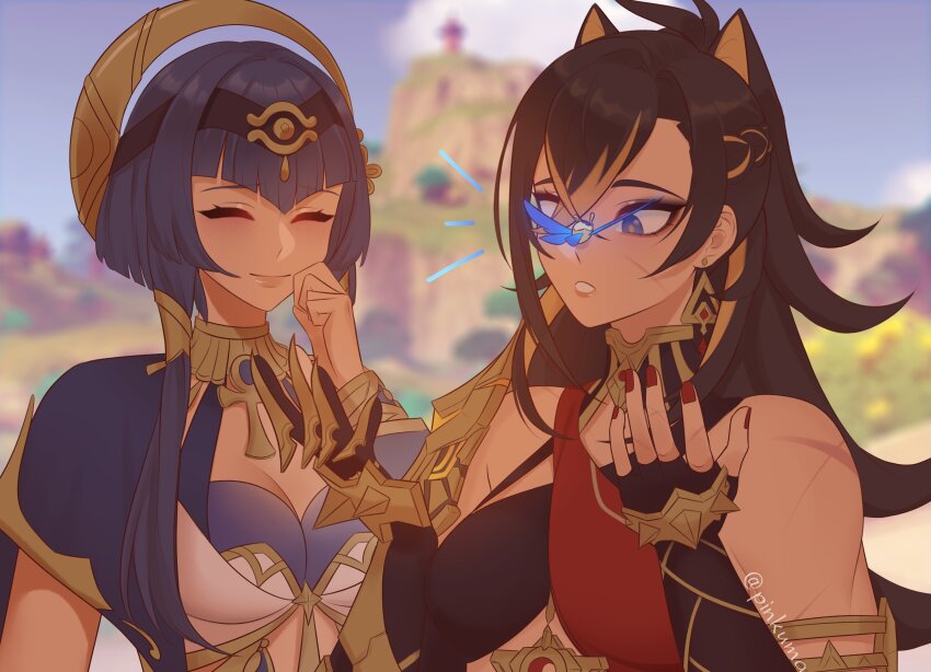 2girls, absurdres, ancient_egyptian_clothes, ankh, arm_armor, asymmetrical_clothes, blue_eyes, blue_sky