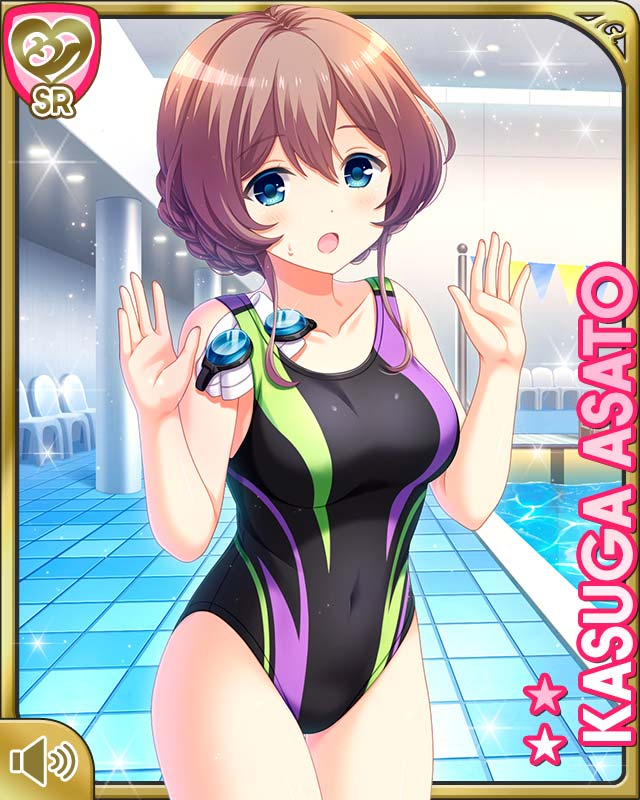 1girl, :o, asato_kasuga, black_one-piece_swimsuit, blue_eyes, brown_hair, card, character_name