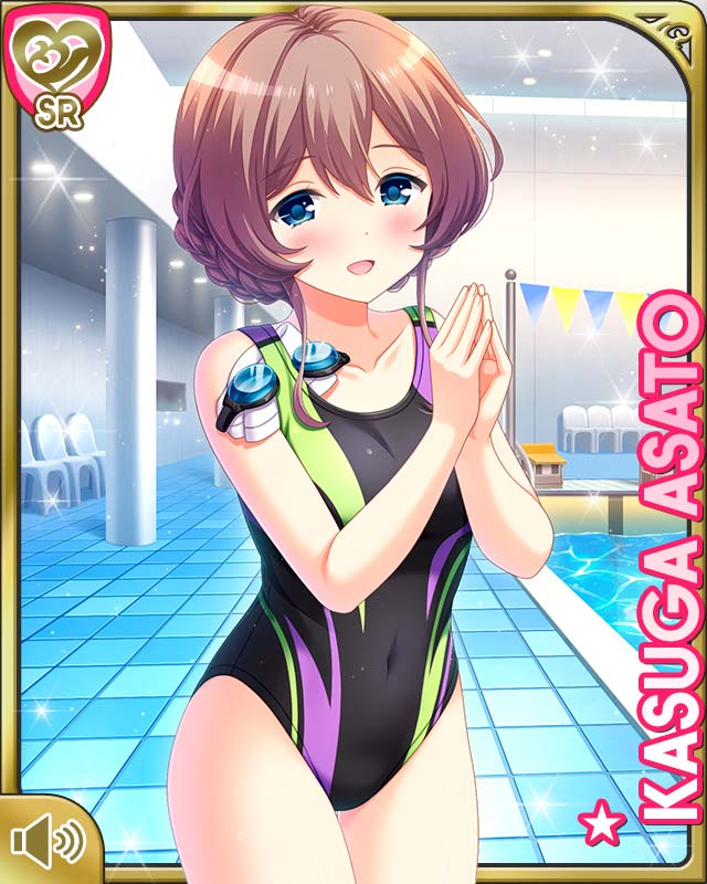 1girl, :d, asato_kasuga, black_one-piece_swimsuit, blue_eyes, brown_hair, card, character_name