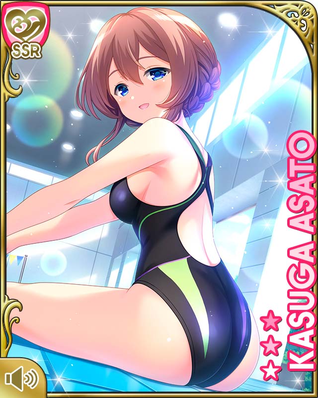 1girl, :d, asato_kasuga, ass, black_one-piece_swimsuit, blue_eyes, brown_hair, card