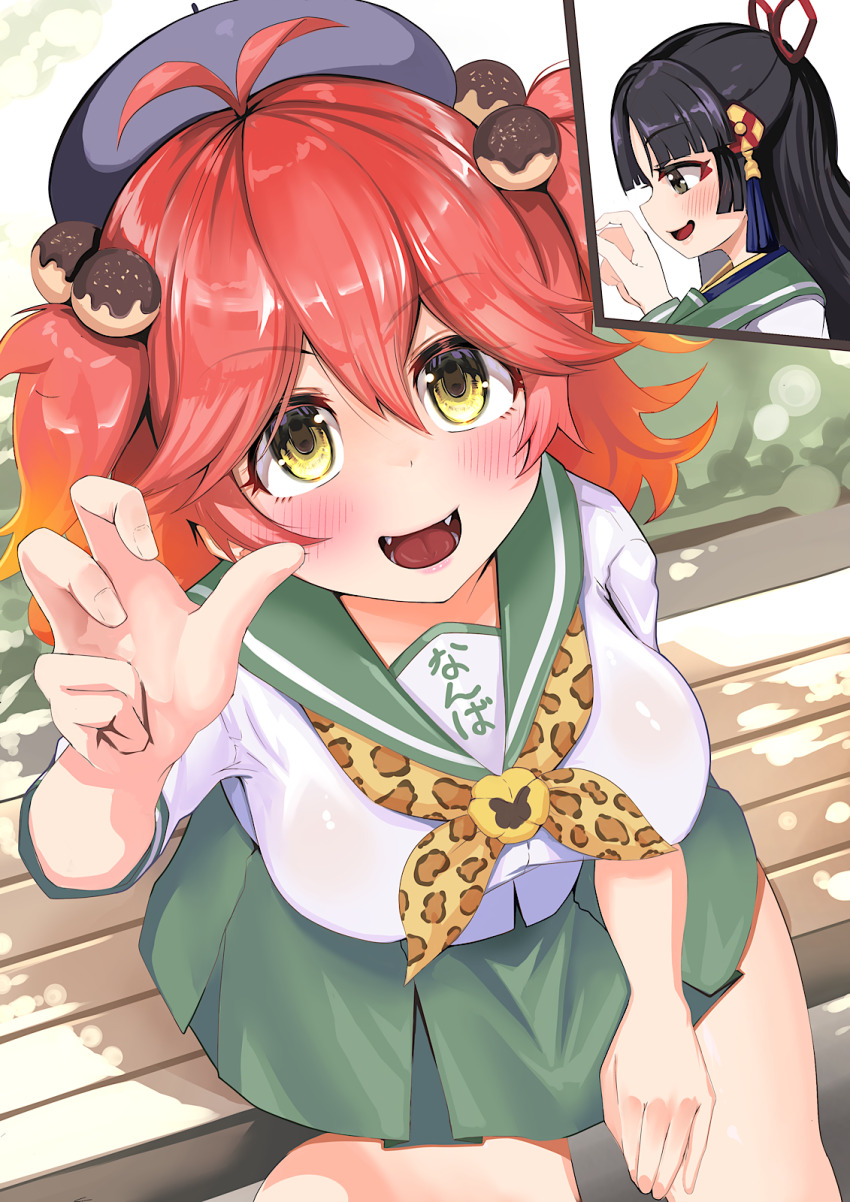 2girls, bench, black_hair, green_skirt, highres, kyoto-tan, multiple_girls, nanba-tan