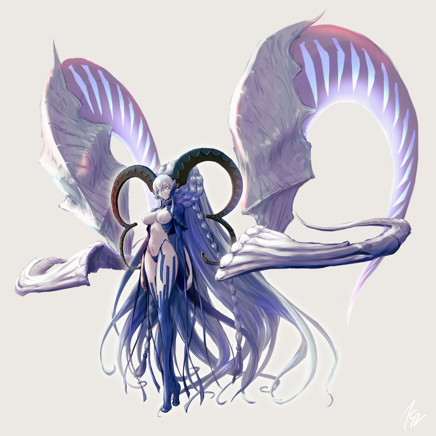 152_in_can, 1girl, absurdres, blue_hair, curled_horns, fate/grand_order, fate_(series), full_body, highres, horns, larva_tiamat_(fate), tiamat_(third_ascension)_(fate/grand_order), long_hair, pink_eyes, simple_background, solo, tiamat_(fate), tiamat_(third_ascension)_(fate/grand_order_arcade), very_long_hair, white_background