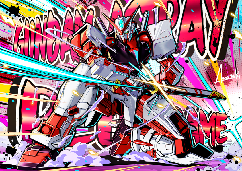 amasaki_yusuke, blue_eyes, character_name, gerbera_straight, glint, glowing, glowing_eye, gundam