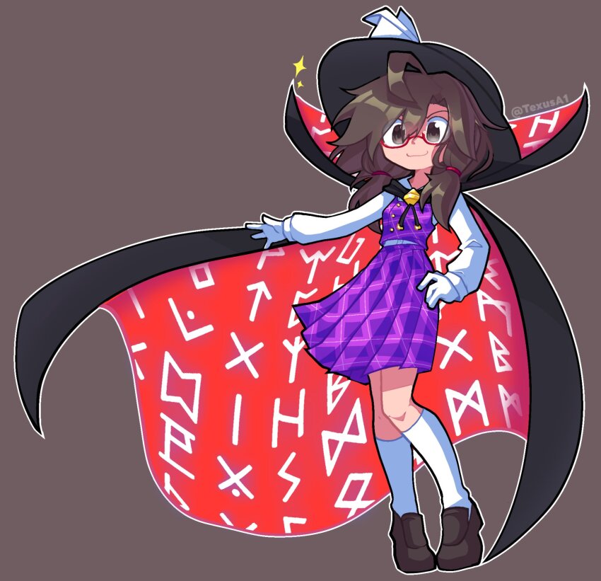 1girl, artist_name, black_headwear, brown_background, brown_eyes, brown_footwear, brown_hair, cape, closed_mouth, full_body, glasses, gloves, highres, long_sleeves, looking_at_viewer, low_twintails, medium_hair, pleated_skirt, purple_skirt, red-framed_eyewear, semi-rimless_eyewear, short_twintails, simple_background, skirt, smile, socks, solo, texusa1, touhou, twintails, twitter_username, under-rim_eyewear, unmoving_pattern, usami_sumireko, white_gloves, white_socks