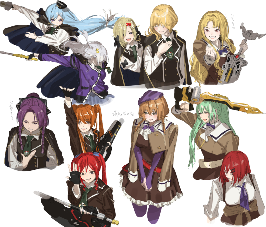6+girls, :d, absurdres, arm_up, arms_at_sides, assault_lily, bangs_pinned_back, belt, belt_buckle, beret, black_bow, black_cape, black_gloves, black_headwear, black_jacket, black_vest, blazer, blonde_hair, blue_bow, blue_cape, blue_hair, bob_cut, bow, braid, breasts, bridal_gauntlets, brown_dress, brown_jacket, buckle, buttons, cape, cardigan, closed_eyes, closed_mouth, clothes_around_waist, collared_shirt, commentary_request, covered_eyes, cropped_arms, cropped_jacket, cropped_legs, cropped_torso, dress, elbow_gloves, fingerless_gloves, floating_hair, frilled_dress, frills, gloves, green_hair, green_necktie, grey_eyes, grey_hair, grey_skirt, grin, hair_between_eyes, hair_bobbles, hair_bow, hair_ornament, hair_over_one_eye, hair_over_shoulder, hair_ribbon, hairclip, hand_on_another's_arm, hand_on_own_chest, hand_up, hat, hibino_waku, hidai_miyazu, high-waist_skirt, highres, hirotsu_yuuzutsu, holding, holding_sword, holding_weapon, jacket, jacket_around_waist, jacket_on_shoulders, kusakabe_murasame, kusakabe_rengetsu, large_breasts, leaning_to_the_side, light_blush, long_hair, long_sleeves, looking_at_viewer, looking_away, low-tied_long_hair, low_twin_braids, medium_breasts, mini_hat, moroi_saho, multiple_girls, neck_ribbon, necktie, nishikawa_miharu, o_(ooorrrmm), one_side_up, open_mouth, orange_hair, outdoors, own_hands_together, pantyhose, parted_bangs, parted_lips, peaked_cap, peeking_out, ponytail, purple_cardigan, purple_eyes, purple_gloves, purple_hair, purple_headwear, purple_pantyhose, purple_ribbon, reaching, reaching_towards_viewer, red_belt, red_eyes, red_hair, ribbon, school_uniform, shirt, short_hair, short_necktie, siblings, simple_background, sisters, sketch, skirt, sleeve_bow, smile, standing, striped_clothes, striped_skirt, suspender_skirt, suspenders, sword, tashiro_ayumu, tejima_komachi, translation_request, tsujimoto_yuunagi, twin_braids, twintails, two-sided_cape, two-sided_fabric, undone_neck_ribbon, v-shaped_eyebrows, v_arms, vertical-striped_clothes, vertical-striped_skirt, very_long_hair, vest, wavy_hair, weapon, white_background, white_belt, white_ribbon, white_shirt, yellow_bow, yoshii_kasumiko