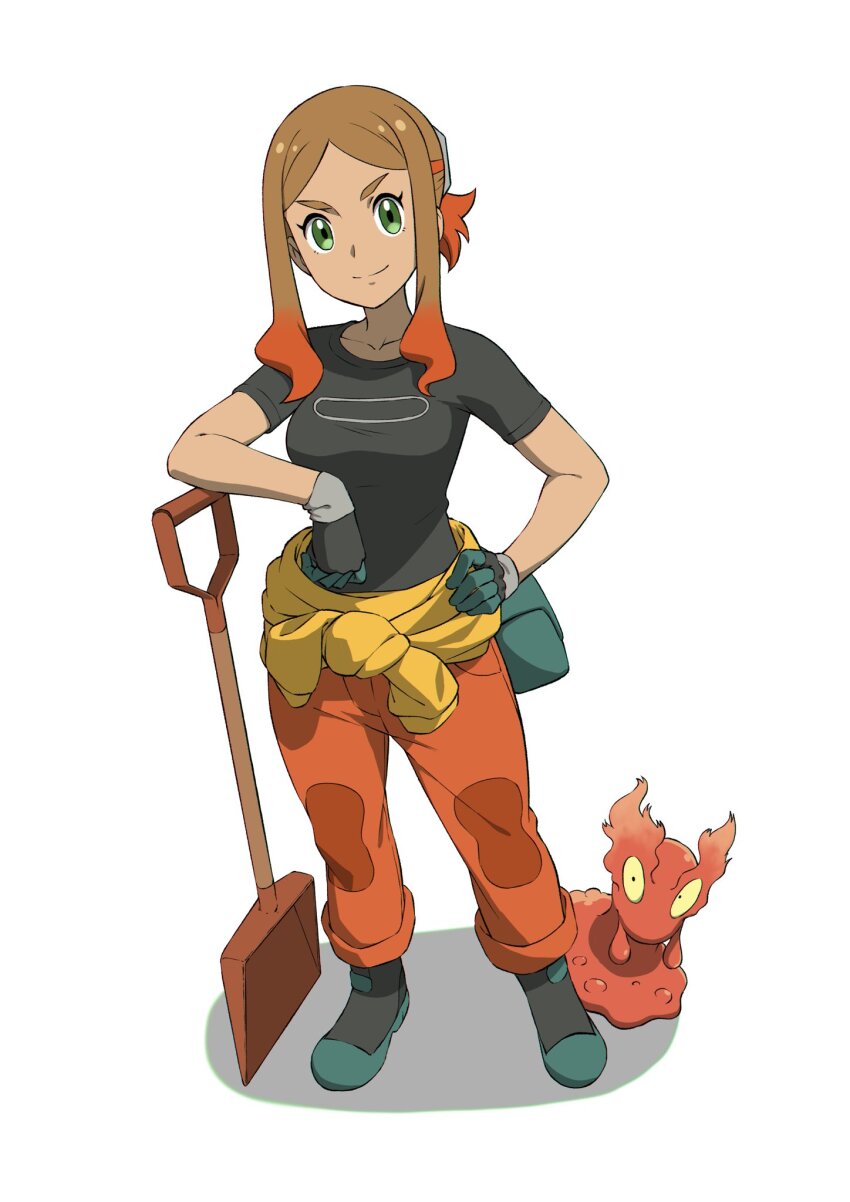 1girl, boots, breasts, brown_hair, closed_mouth, clothes_around_waist, eyelashes, gen_2_pokemon