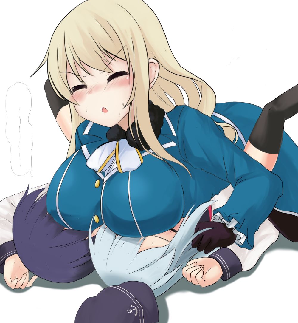 3girls, akatsuki_(kancolle), ali_(wwwwwwrt), anchor_symbol, atago_(kancolle), black_gloves, black_sailor_collar, black_thighhighs, blonde_hair, blush, breasts, closed_eyes, flat_cap, gloves, grey_hair, hair_ornament, hairclip, hat, hibiki_(kancolle), kantai_collection, large_breasts, long_hair, long_sleeves, lying_on_person, military, military_uniform, multiple_girls, pantyhose, pleated_skirt, purple_hair, sailor_collar, school_uniform, serafuku, skirt, thighhighs, unworn_hat, unworn_headwear