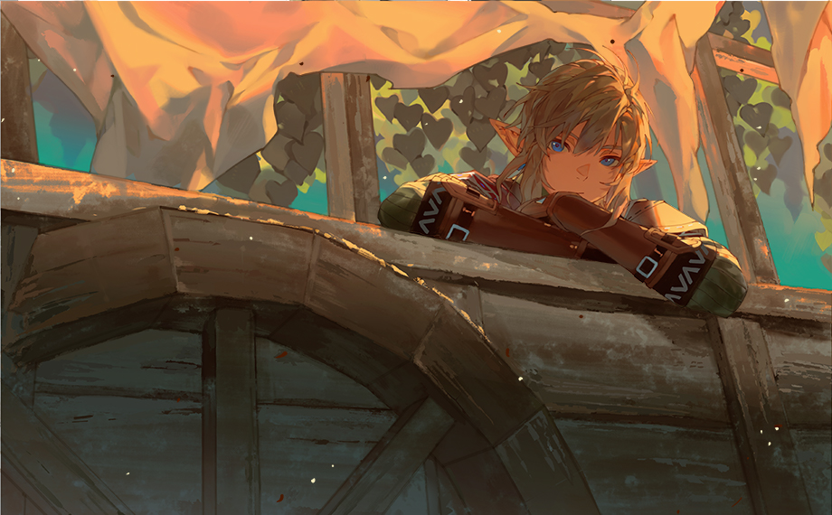 1boy, arm_armor, blonde_hair, blue_eyes, blue_sky, closed_mouth, crossed_arms, green_sweater