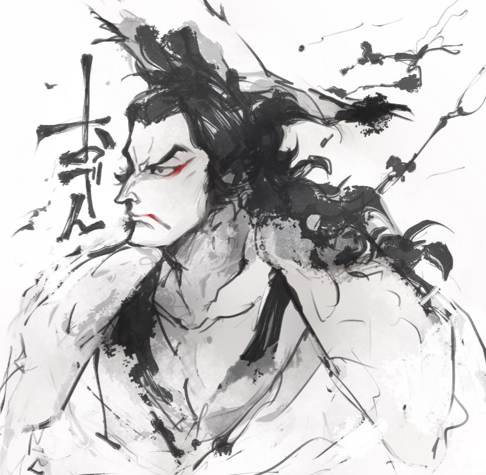 1boy, eyeliner, food, japanese_text, kouzuki_oden, long_hair, makeup, male_focus, manly, oden, one_piece, red_eyeliner, samurai, serious, sideburns, strong, wakewaka