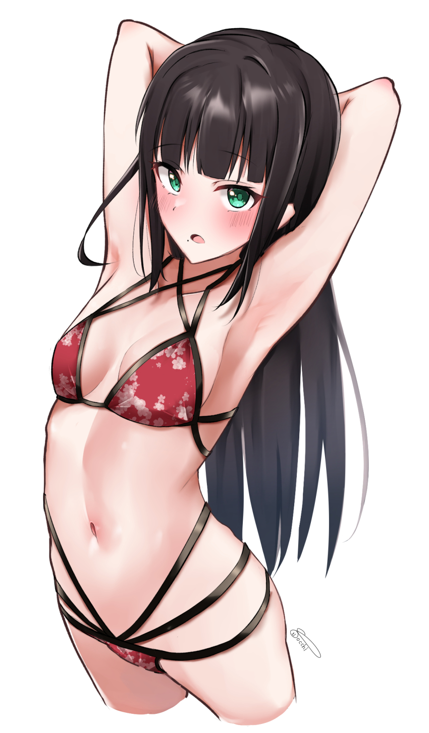 1girl, aqua_eyes, arms_behind_head, bikini, black_hair, blunt_bangs, bra, breasts