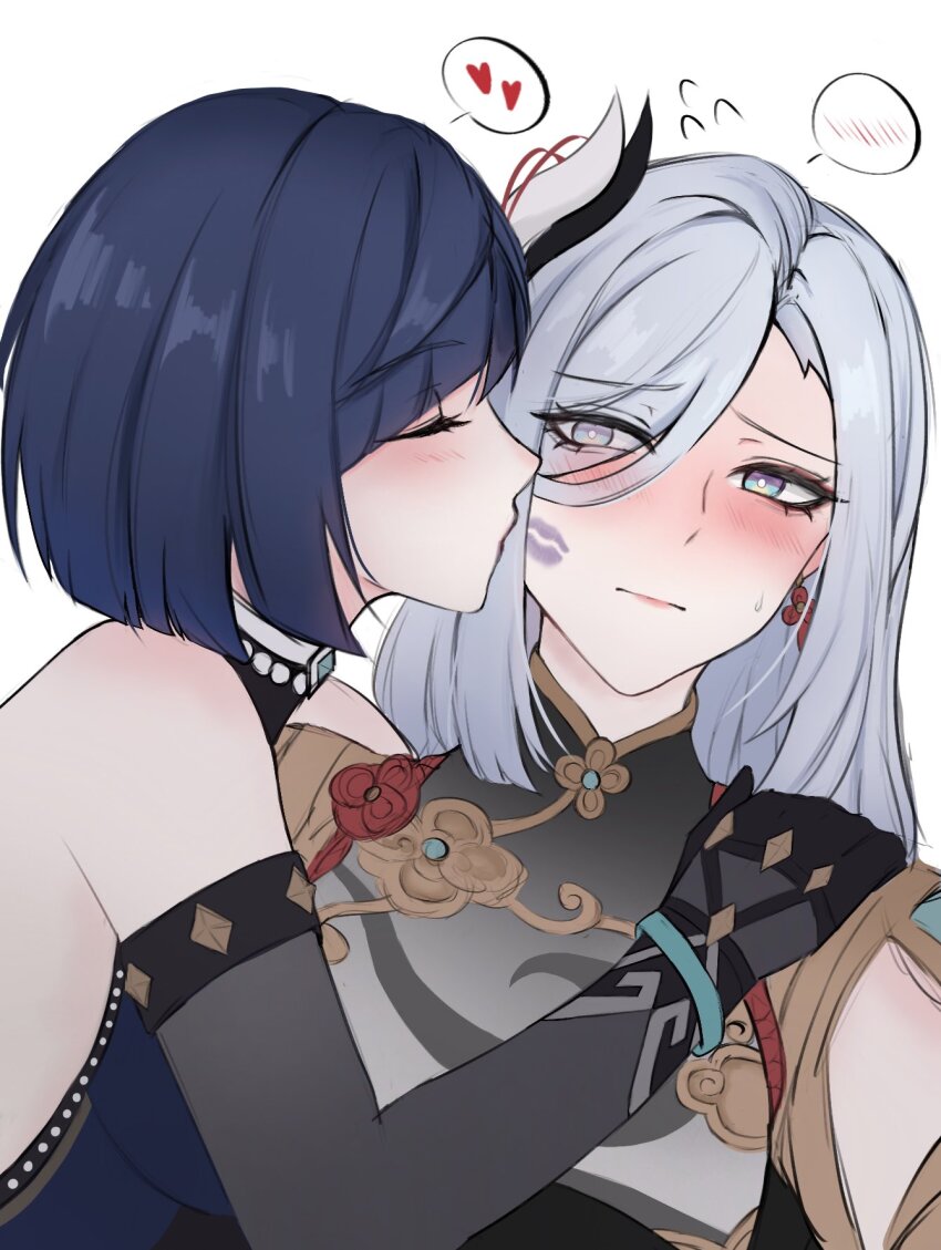 2girls, a_ai_ri, blush, closed_eyes, earrings, eyes_visible_through_hair, flying_sweatdrops, genshin_impact, gradient_eyes, grey_background, hair_over_one_eye, hand_on_another's_shoulder, heart, highres, jewelry, lipstick_mark, lipstick_mark_on_face, multicolored_eyes, multiple_girls, shenhe_(genshin_impact), short_hair, spoken_blush, spoken_heart, tassel, tassel_earrings, yelan_(genshin_impact), yuri