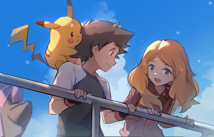 1boy, 1girl, ash_ketchum, black_gloves, blonde_hair, blue_eyes, blurry, brown_hair, closed_mouth, cloud, day, diancie, fingerless_gloves, from_below, gen_1_pokemon, gen_6_pokemon, gloves, highres, holding, legendary_pokemon, long_sleeves, looking_down, mixed-language_commentary, mythical_pokemon, nintendo, outdoors, pikachu, podayo_po, pokemon, pokemon_(anime), pokemon_(creature), pokemon_the_movie:_diancie_and_the_cocoon_of_destruction, pokemon_the_series:_xy, raglan_sleeves, serena_(pokemon), shirt, short_hair, sky, smile, t-shirt