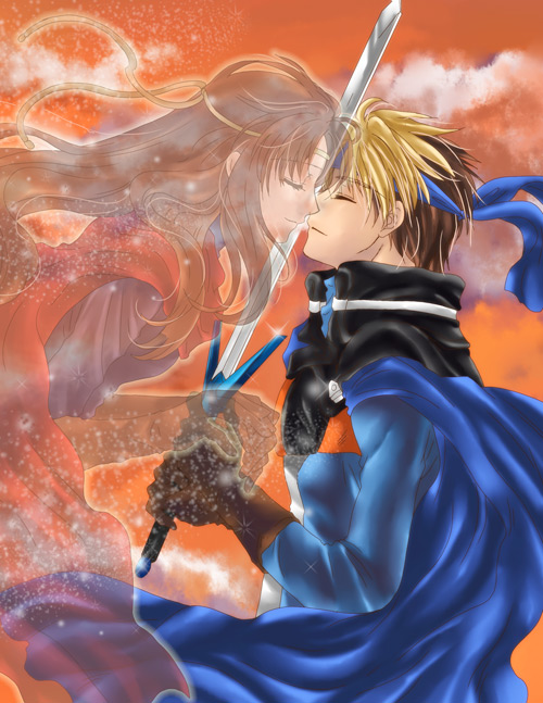 1boy, 1girl, blonde_hair, brown_hair, cape, closed_eyes, couple, flik_(suikoden)