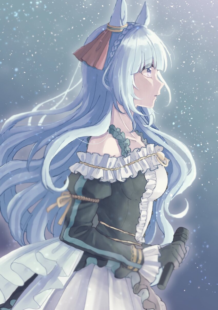 1girl, animal_ears, bare_shoulders, black_gloves, blue_hair, braid, breasts, center_frills