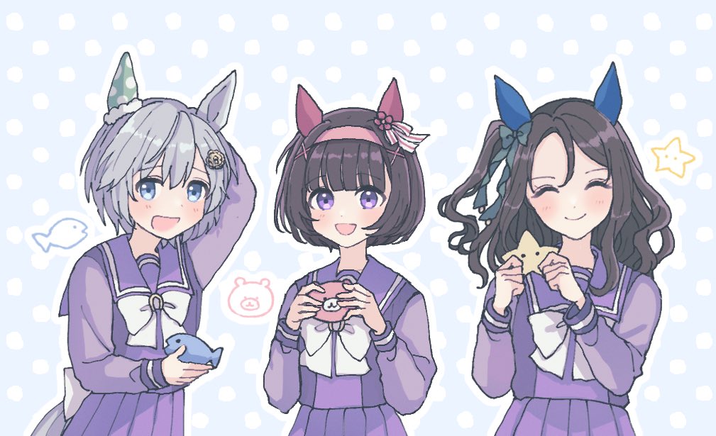 3girls, ^_^, animal_ears, arm_behind_head, blue_eyes, blush, bow, bowtie